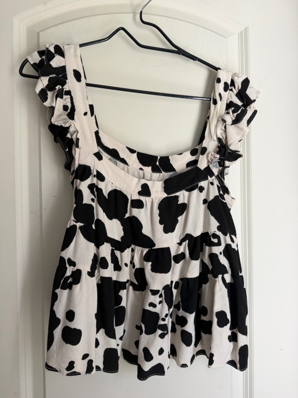 Mi ami Black and White Cow Print Ruffle Tank Top linen rayon S boho western boho - Picture 3 of 5